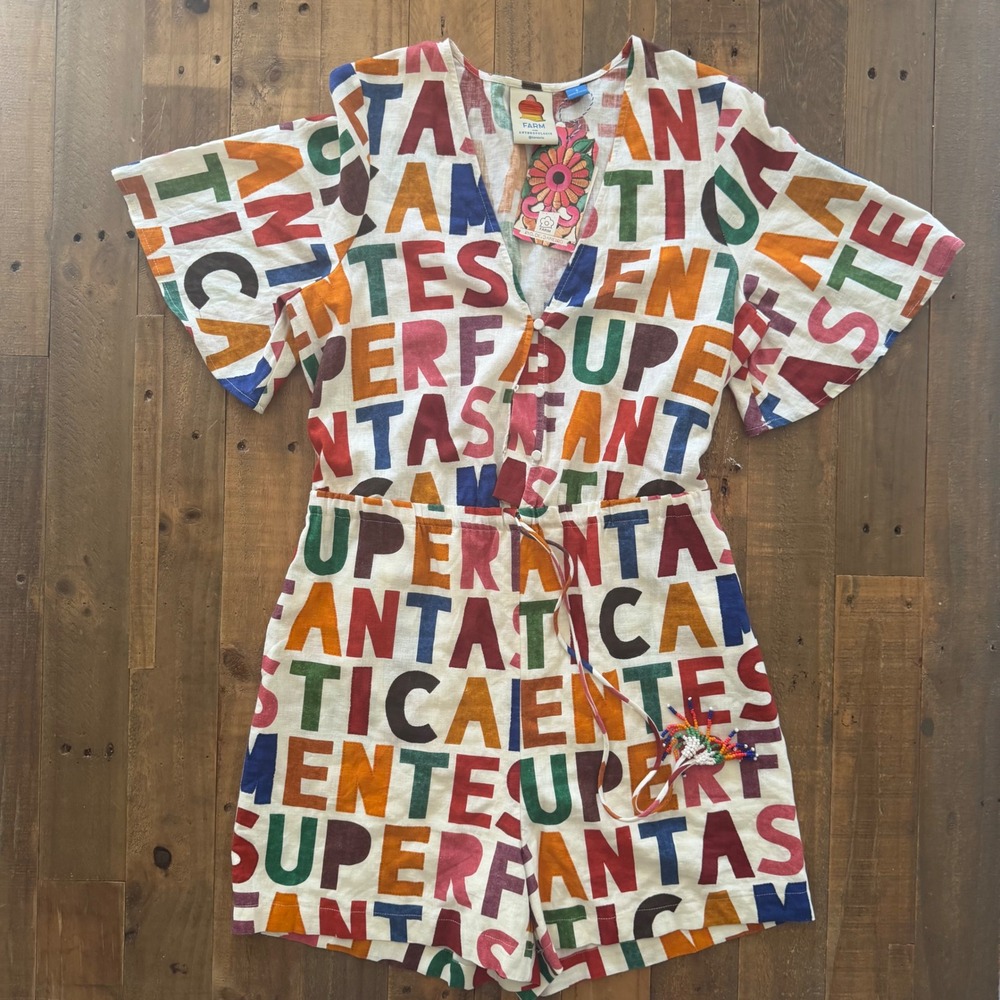Farm Rio for Anthropologie Typographic Print Linen Blend Romper Multi Color S - Picture 2 of 7